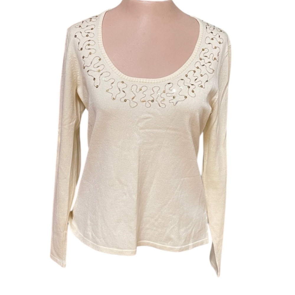 Women's Bogari Silk Blend Elegant Cream Long Sleeve Top w/ Gold Beading